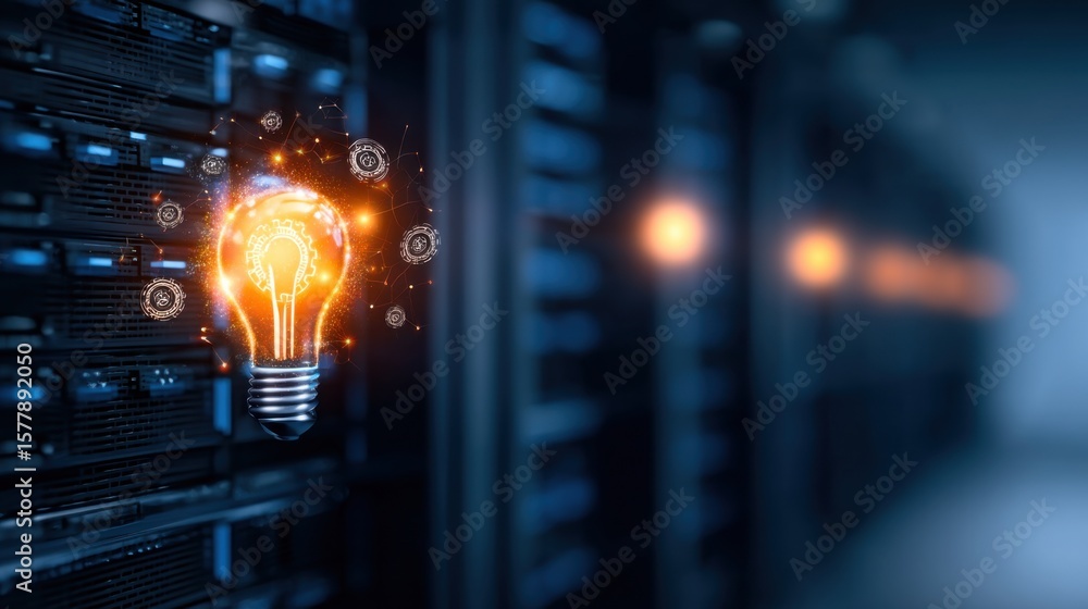 Poster a glowing light bulb with digital and gear icons hovers in front of a server rack, symbolizing innov