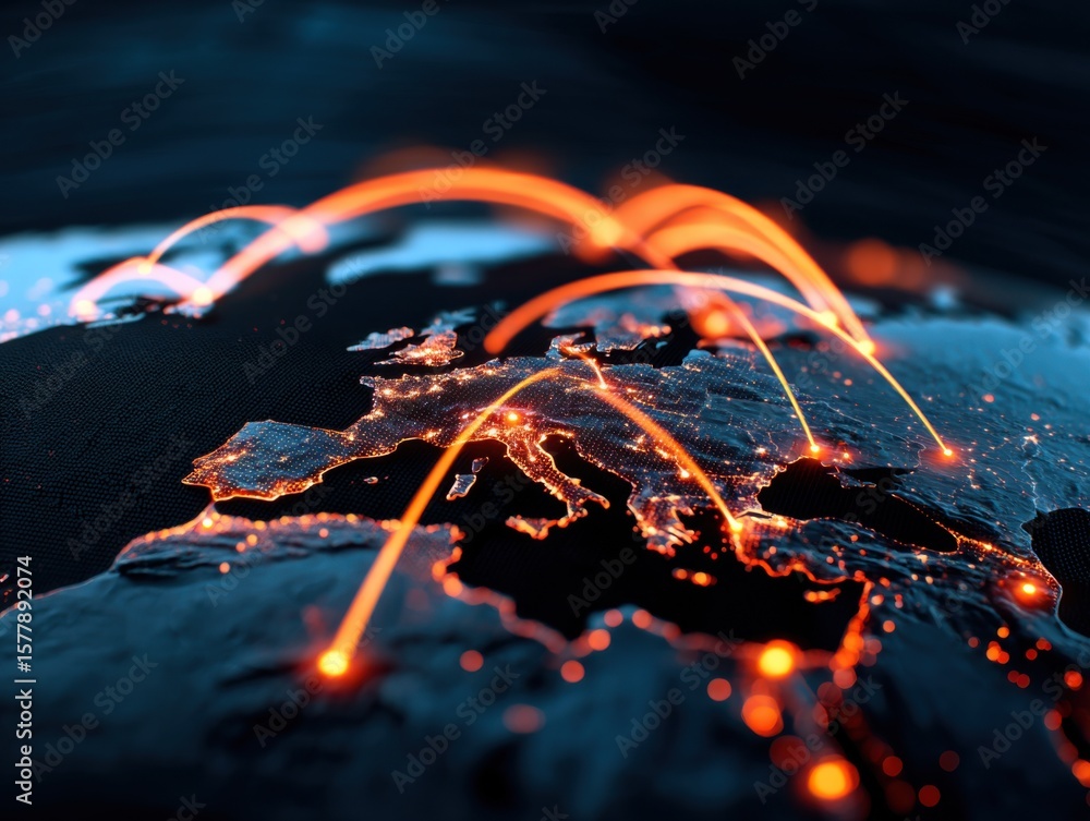 Poster a digital map of europe at night with glowing orange connectivity lines symbolizing data or communic