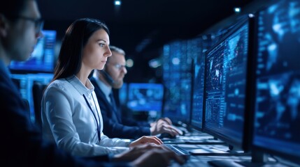 A focused team of IT professionals analyzes data on multiple screens in a dark control room, ensuring cybersecurity and system monitoring.