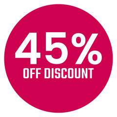 Red forty five 45% percent sale discount badge. Round shape red circle sticker on glasses showcase. isolated on white background.