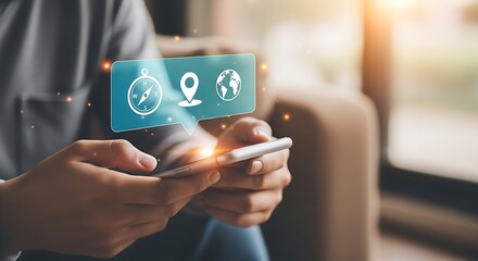 Person using smartphone with navigation icons floating above the device screen in a bright setting