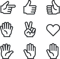 Obraz premium Set of Hand Gesture Icons in Outline Style Including Pointing Thumbs Up Peace Sign Open Palm and Heart Isolated on White Background
