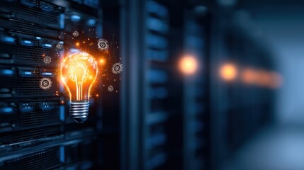 A glowing light bulb with digital and gear icons hovers in front of a server rack, symbolizing innovation and technology in a data center environment.