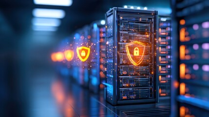 A futuristic server room with glowing security shield icons representing cybersecurity and data protection in a high-tech environment.