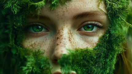 Artistic closeup of a model with natural moss growing from pores, ecoorganic surreal theme