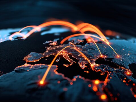 A digital map of Europe at night with glowing orange connectivity lines symbolizing data or communication networks.
