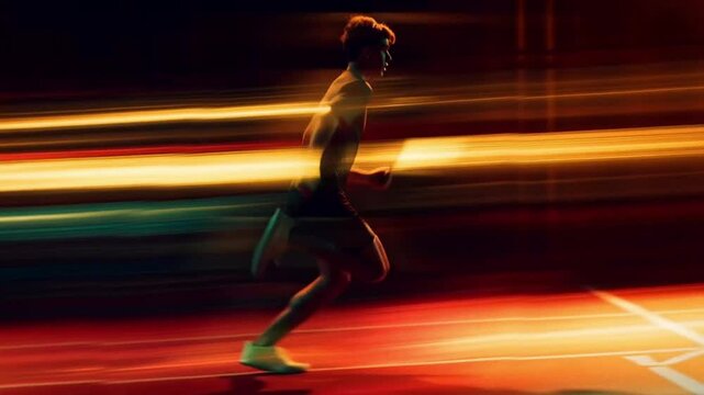 A vogue style young male athlete running on a track .