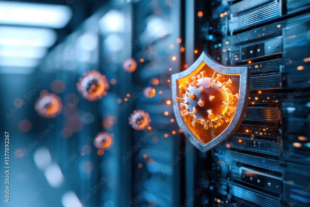 Poster a digital shield protects a server from virus-like threats symbolizing cybersecurity and data protec
