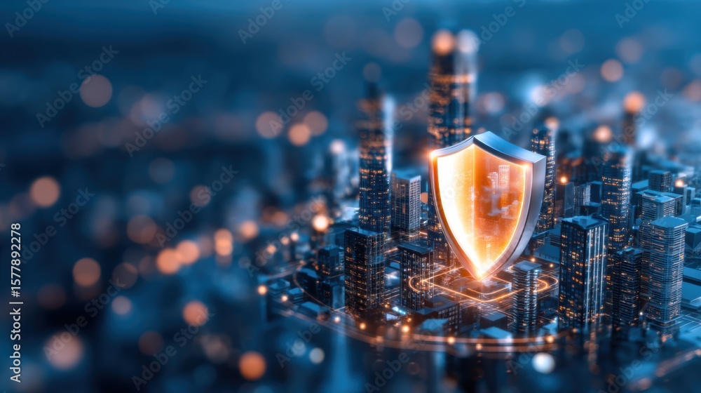 Poster a futuristic cityscape is protected by a glowing shield symbolizing cybersecurity and digital defens