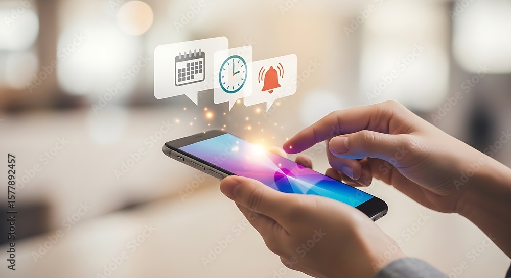 Poster person using smartphone with calendar clock and notification icons floating above the device screen