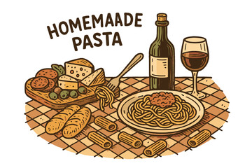 Delicious homemade pasta served with wine and cheese on a rustic table setting
