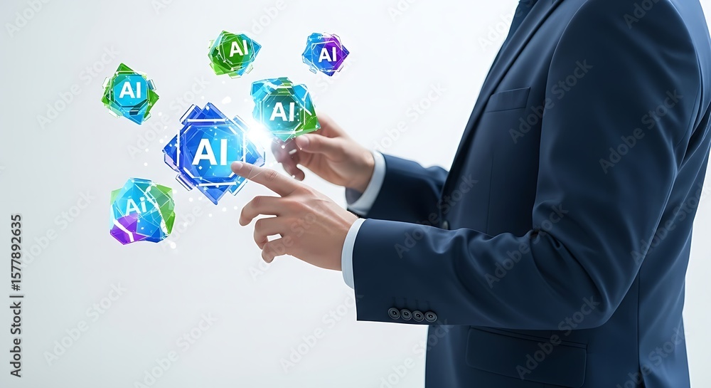 Poster a man in a suit interacting with floating ai icons on a white background in a modern setting