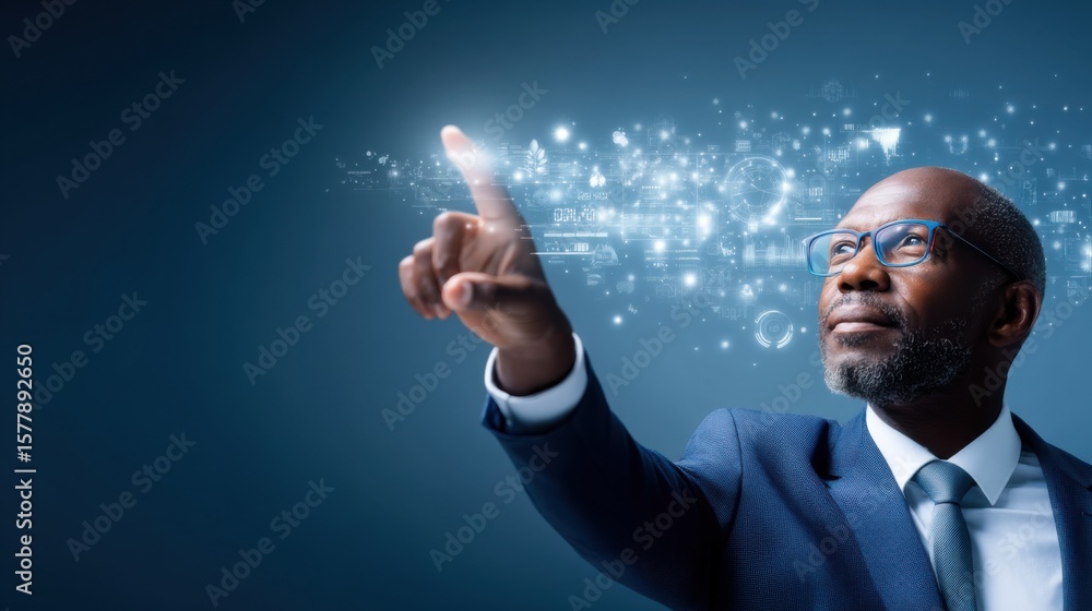 Poster a professional man in a suit interacts with futuristic digital interface icons and holograms in a te