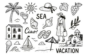 Summer vacation illustrations featuring seaside elements and relaxing activities in a coastal setting