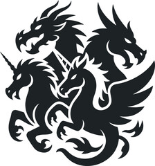 Stylized Silhouette Illustration Featuring Two Unicorns and Three Dragons in a Circular Arrangement on a White Background for Graphic Design