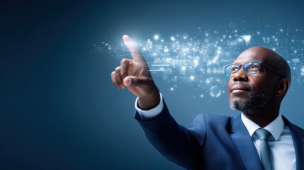 A professional man in a suit interacts with futuristic digital interface icons and holograms in a technology-driven environment.