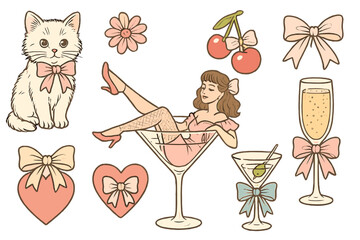 Cute vintage-inspired illustration with a girl in a cocktail, playful kitten, bows, and cheerful elements in pastel colors