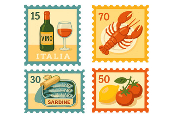 Unique artisan stamps featuring Italian food and drink items like wine, lobster, sardines, and tomatoes