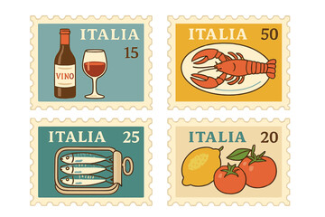 Collection of colorful Italian stamps featuring local wine, seafood, and fresh produce from the Mediterranean region