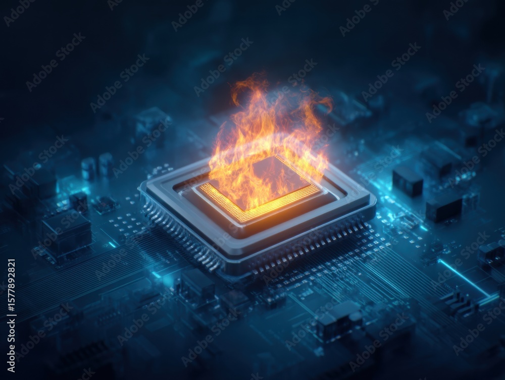 Aufkleber a computer processor on a circuit board is engulfed in flames, symbolizing overheating or hardware f