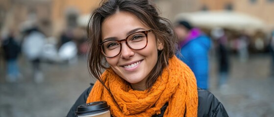 ** "Smiling Woman in Orange Scarf Holding Coffee Outdoors in Urban Setting