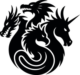 Four Headed Dragon Hydra Unicorn Silhouette Illustration in Black and White Fantasy Creature Emblem Mythical Beast Symbol Tattoo Design Vector Graphic
