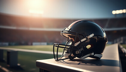 American football helmet resting on a bench under dramatic stadium lights, with a blurred field in the background.