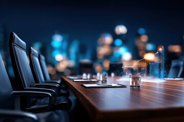 A modern conference room with a wooden table, black chairs, and a digital holographic graph projection showing rising data trends.
