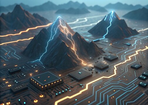 Motherboard Landscape with Abstract Peaks