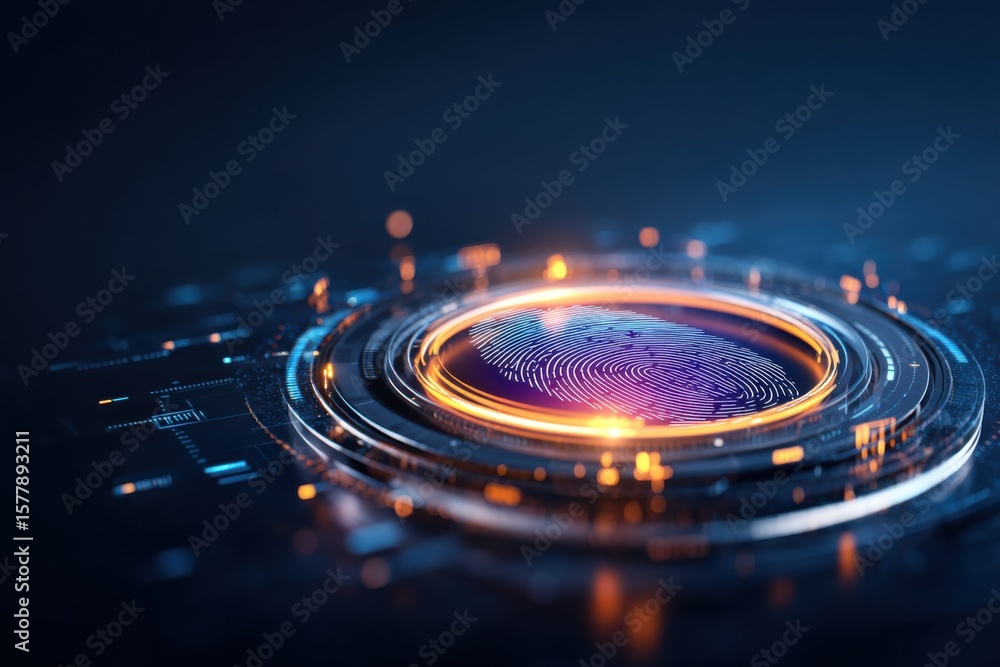 Poster a glowing digital fingerprint surrounded by futuristic circuitry representing biometric security and