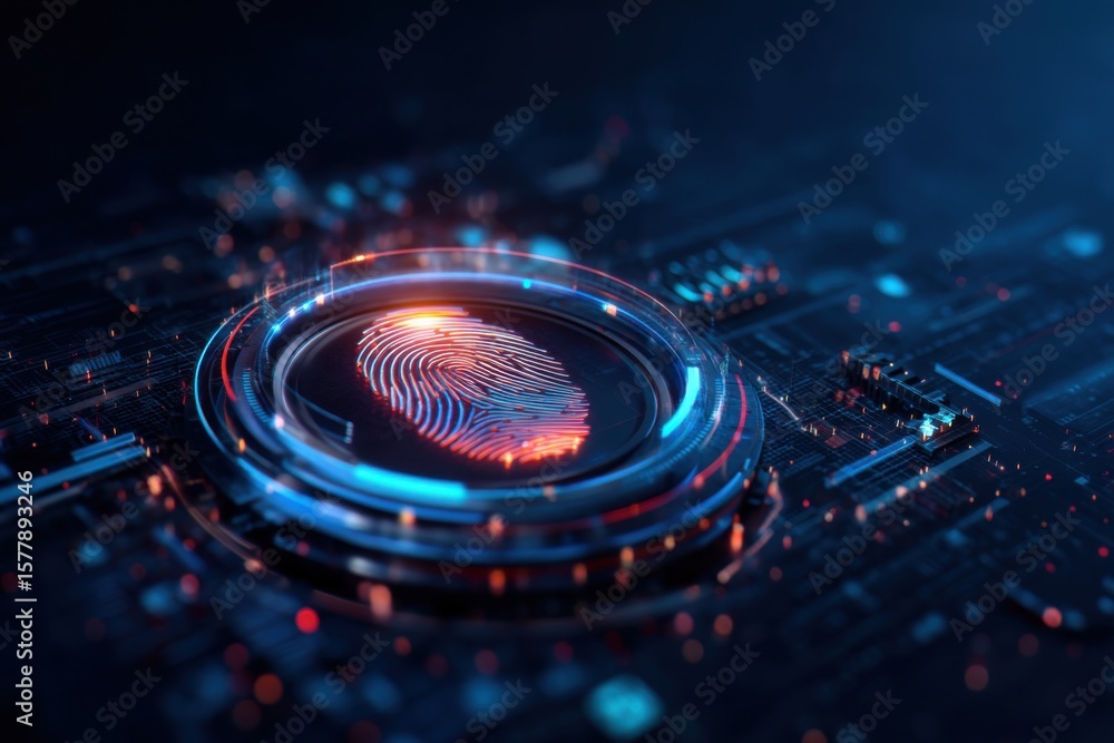 Poster a digital fingerprint scan glowing with neon lights on a futuristic circuit board, symbolizing cyber