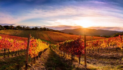 vibrant vineyard landscape at sunset with colorful grapevines in autumn