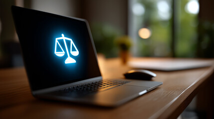 cyber law, Digital Justice: Glowing Scales on Laptop Screen, Modern Law in a Connected Workspace

