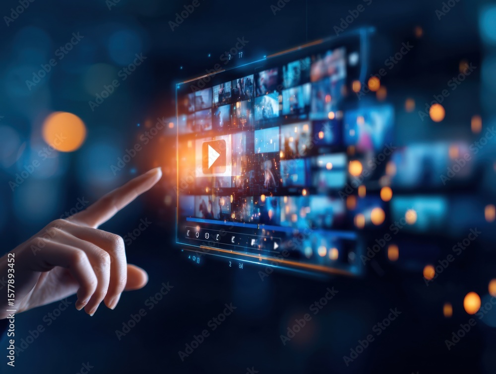 Poster a hand interacts with a futuristic transparent touchscreen displaying video thumbnails and a play bu