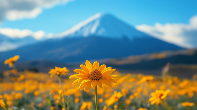 Bright yellow daisy blooms in a field with a snow capped mountain and blue sky