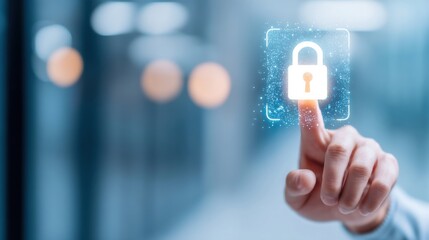 A person"s finger is pressing a digital lock icon, symbolizing cybersecurity and data protection in a futuristic, tech-focused environment.