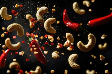 cashew nuts and chili peppers flying through a black background