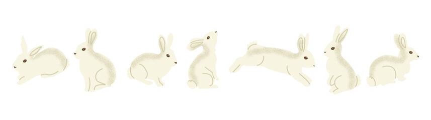 Set of cute white rabbits in different poses including sitting, jumping and crouching. Bunny clipart perfect for Easter designs, spring themes, nursery prints, cards, stickers