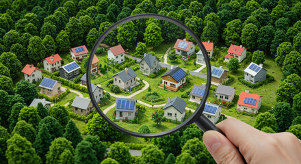 A magnifying glass held over a miniature neighborhood with houses and trees and solar panels on roofs