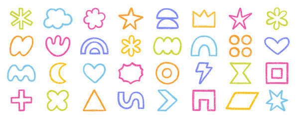 Abstract geometric shapes and forms, chalk pencil doodle set. Crayon modern figures, brush crown, star, heart in sketch style. Hand drawn vector illustration isolated on white background