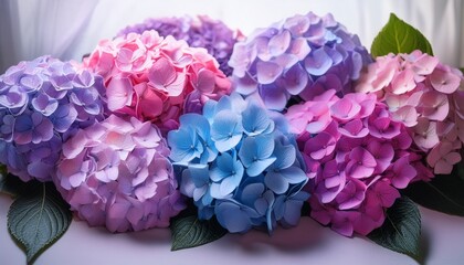 Fototapeta premium beautiful arrangement of hydrangea flowers various shades of pink blue and purple creating vibrant and cheerful atmosphere