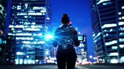 Businesswoman Connects Digital Network in Futuristic Cityscape at Night - Powered by Adobe