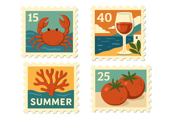 Summer-themed postage stamps featuring crab, wine, coral, and tomatoes captured in a vibrant coastal setting