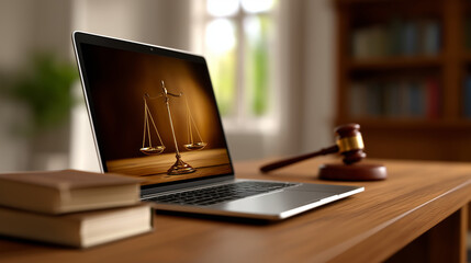 cyber law, Online Justice: Laptop Displaying Scales, Gavel, and Books – Modern Legal Practice

