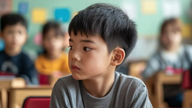 Confused expression of an Asian boy in the classroom