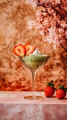 Matcha Dessert with Strawberries and Cherry Blossoms