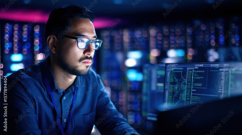 Poster a focused man wearing glasses analyzes complex code on computer screens in a dark tech environment w