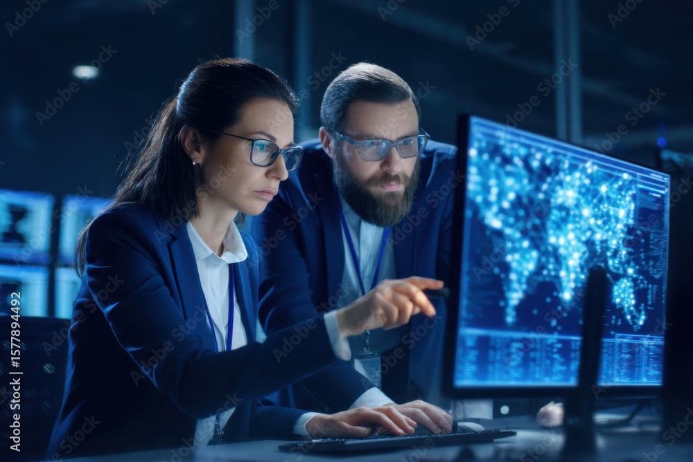 Poster two professionals analyzing data on a large monitor in a futuristic, high-tech office environment.