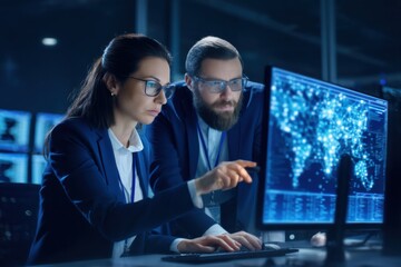 Two professionals analyzing data on a large monitor in a futuristic, high-tech office environment.
