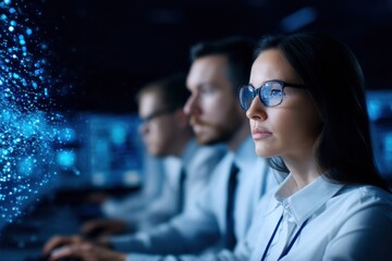 Professionals focused on digital data and technology, analyzing information in a high-tech, futuristic work environment.
